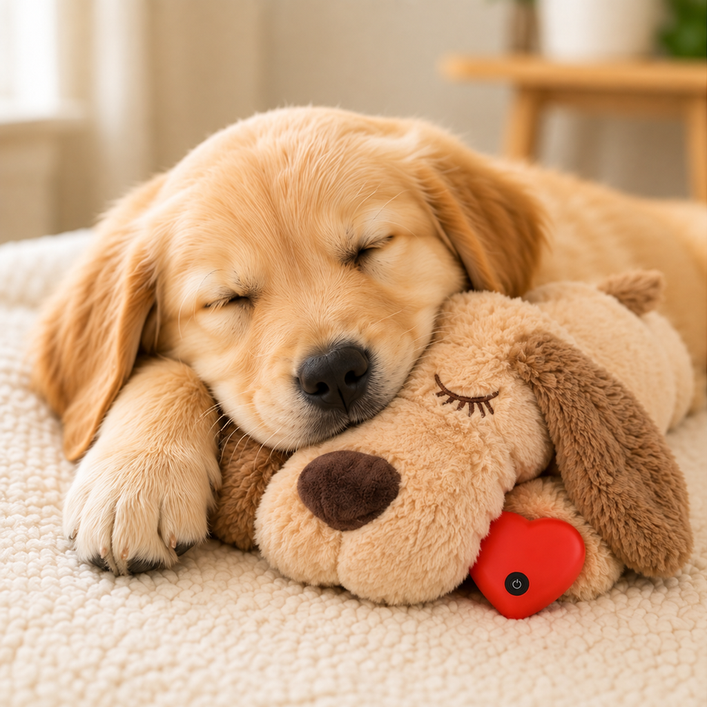 Sleeping puppy resting with Scent Pal plush companion